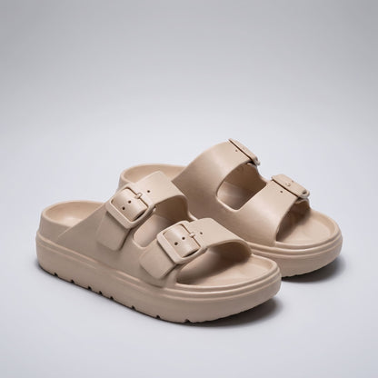 Pair of FORCIANO ARCHER khaki EVA sandals shown from a front three-quarter angle, featuring two buckle straps and the Height Increasing Shoes sole design.