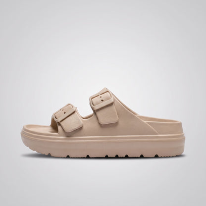 FORCIANO ARCHER khaki EVA sandal shown in a clean side profile, displaying the dual buckle straps and raised sole design of the Height Increasing Shoes.