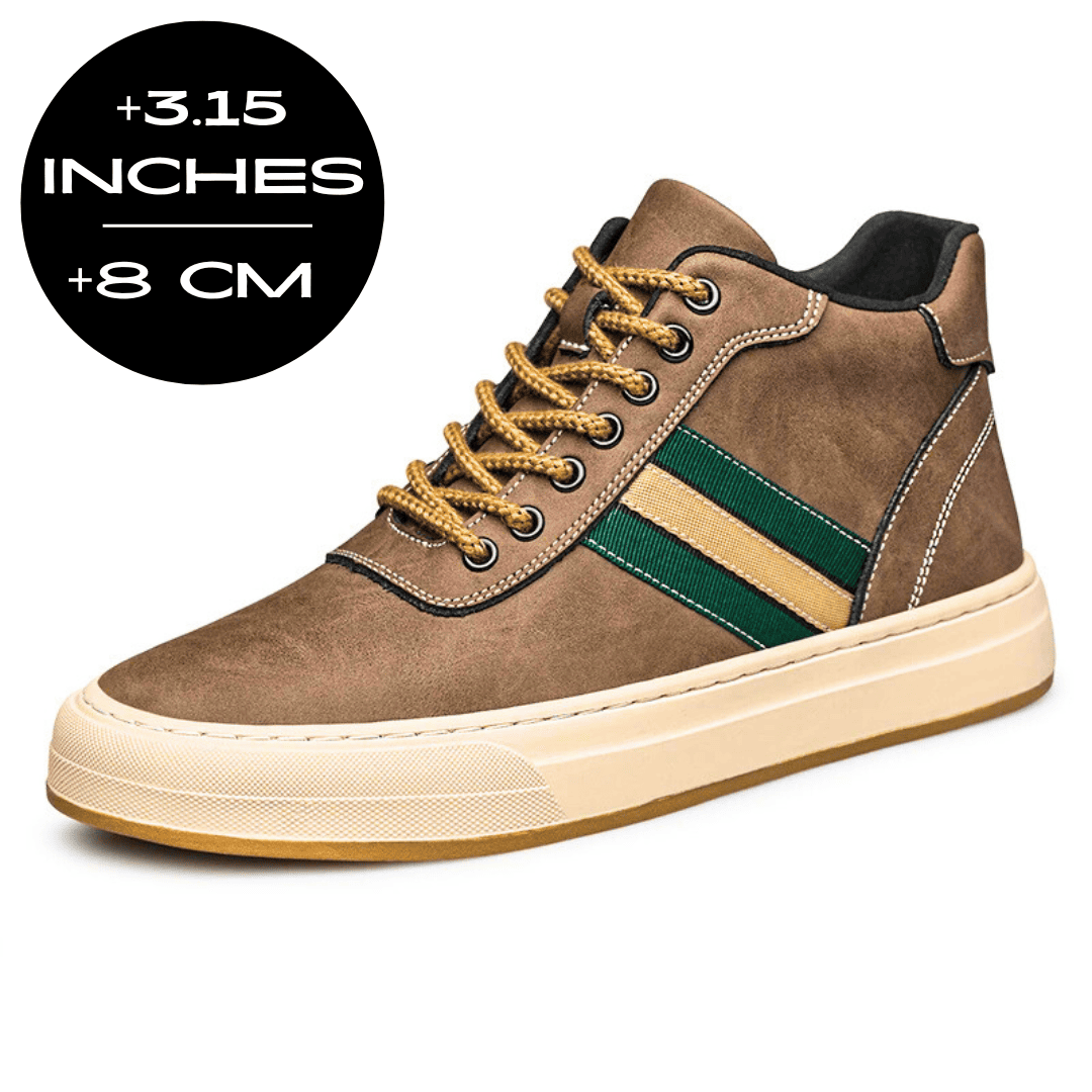 FORCIANO ASCEND brown premium leather height increasing sneaker shown from a front three-quarter angle with an 8 cm / 3.15" height graphic.