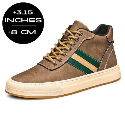 FORCIANO ASCEND brown premium leather height increasing sneaker shown from a front three-quarter angle with an 8 cm / 3.15" height graphic.