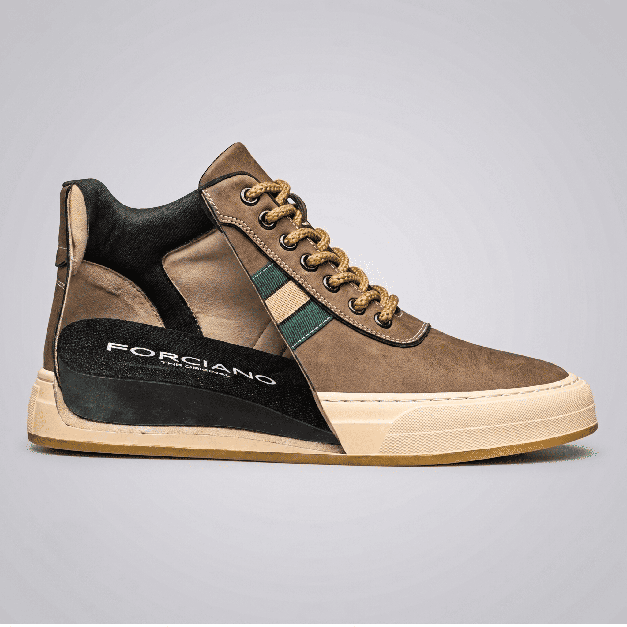 FORCIANO ASCEND brown premium leather height increasing sneaker shown in side cutaway view with the internal raised insert visible.