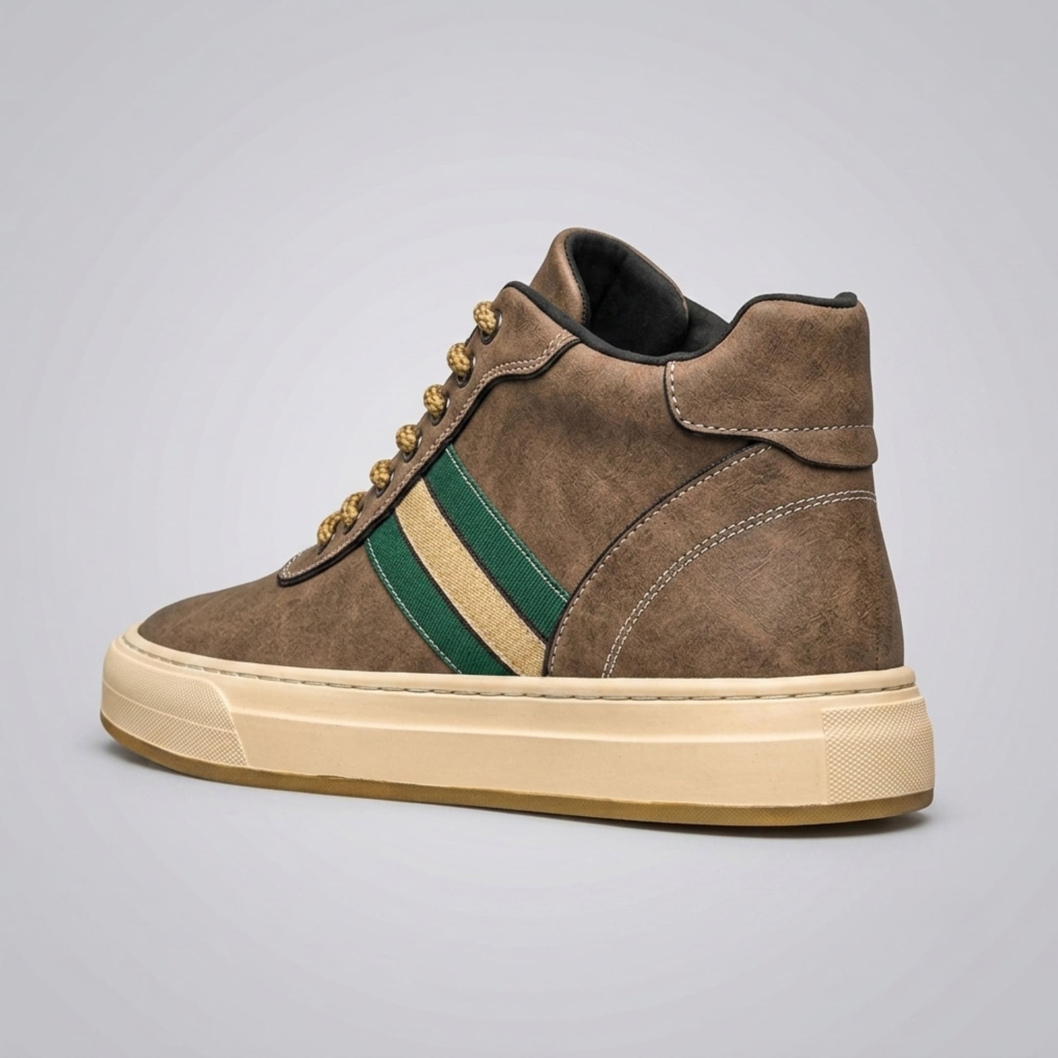FORCIANO ASCEND brown premium leather sneaker shown from a rear three-quarter angle with green and beige side stripes and cream sole.