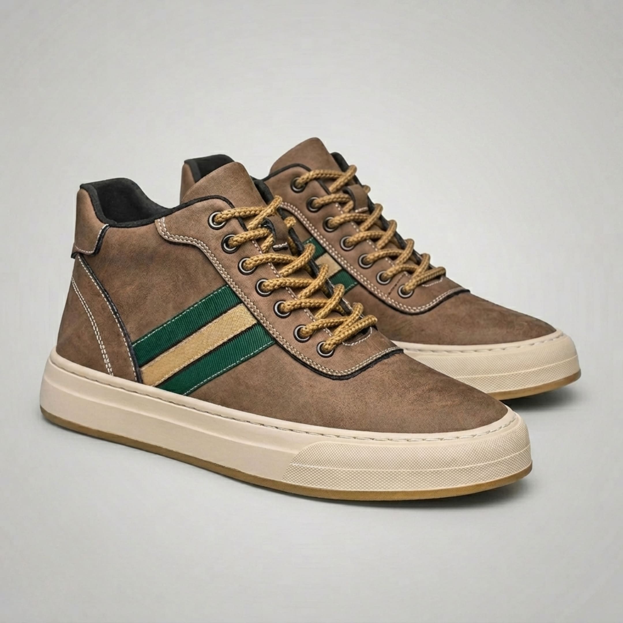 FORCIANO ASCEND brown premium leather sneakers shown as a pair from a front three-quarter angle with tan laces and green and beige side stripes.