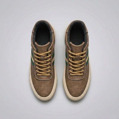 FORCIANO ASCEND brown premium leather sneakers shown as a pair from the top with tan laces, dark lining, and cream soles.