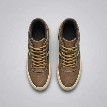 FORCIANO ASCEND brown premium leather sneakers shown as a pair from the top with tan laces, dark lining, and cream soles.