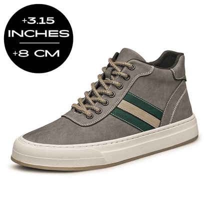FORCIANO ASCEND gray premium leather height increasing sneaker with green and beige side stripes shown with an 8 cm / 3.15" height graphic.