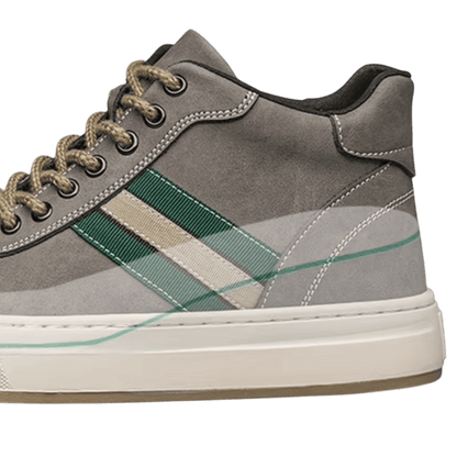 FORCIANO ASCEND gray premium leather hidden lift sneaker shown in a close side detail with the internal height-lift profile illustrated.