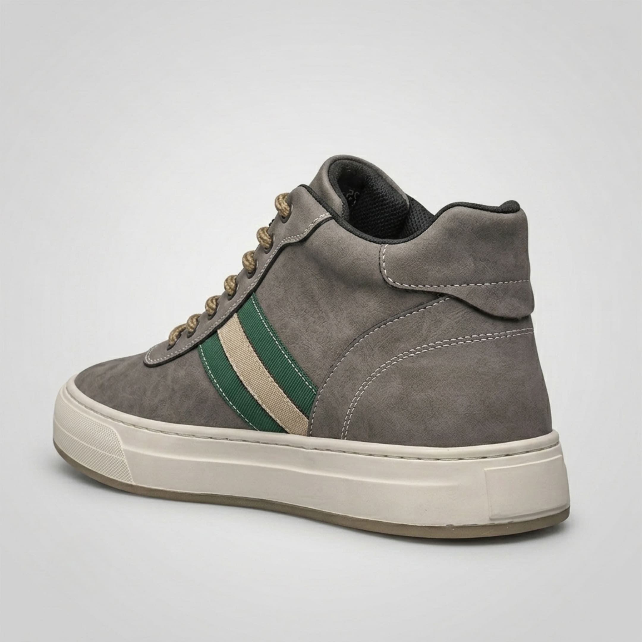 FORCIANO ASCEND gray premium leather sneaker shown from a rear three-quarter angle with contrast stitching and green and beige side stripes.