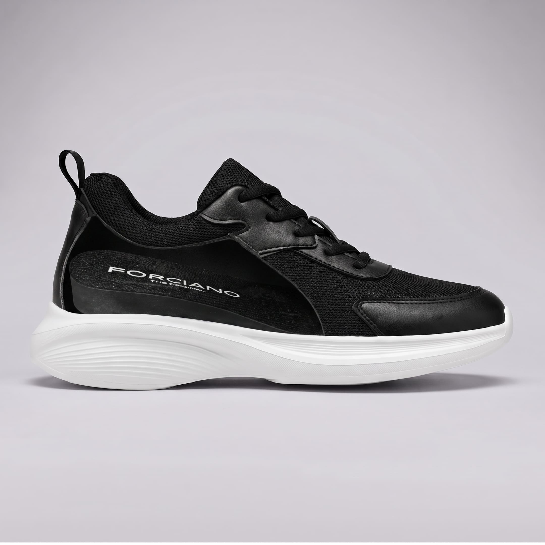 FORCIANO ASTOR black Elevator Sneakers in side cutaway view showing the internal lift for up to 7 cm / 2.8" height increase and Flyknit mesh upper.