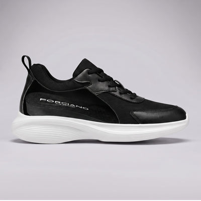 FORCIANO ASTOR black Elevator Sneakers in side cutaway view showing the internal lift for up to 7 cm / 2.8" height increase and Flyknit mesh upper.