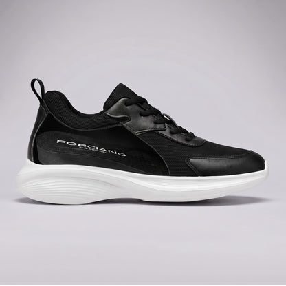 FORCIANO ASTOR black Elevator Sneakers in side cutaway view showing the internal lift for up to 7 cm / 2.8" height increase and Flyknit mesh upper.