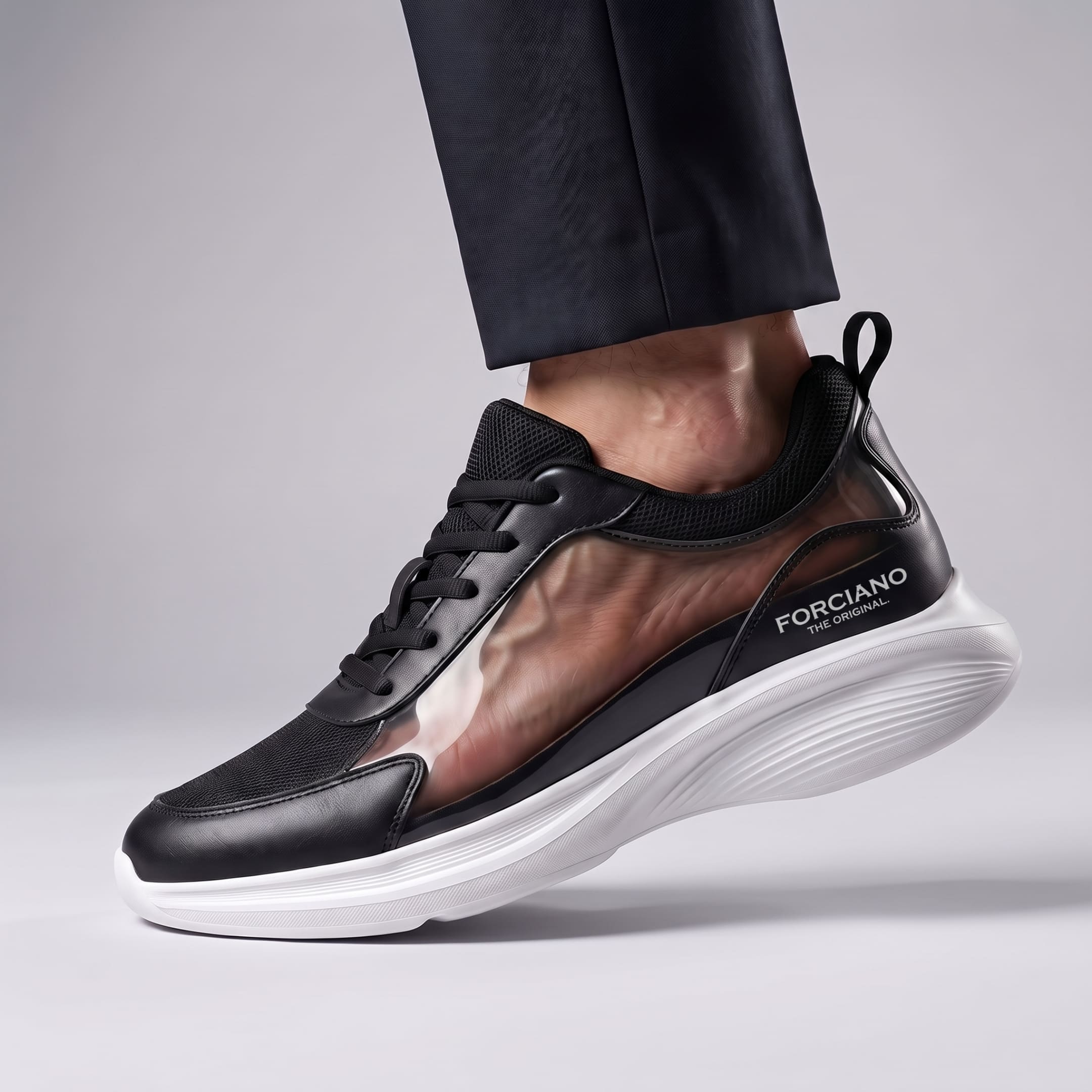 FORCIANO ASTOR black Height Boosting Sneakers shown on foot in a side cutaway revealing the internal lift for up to 7 cm / 2.8" height increase.