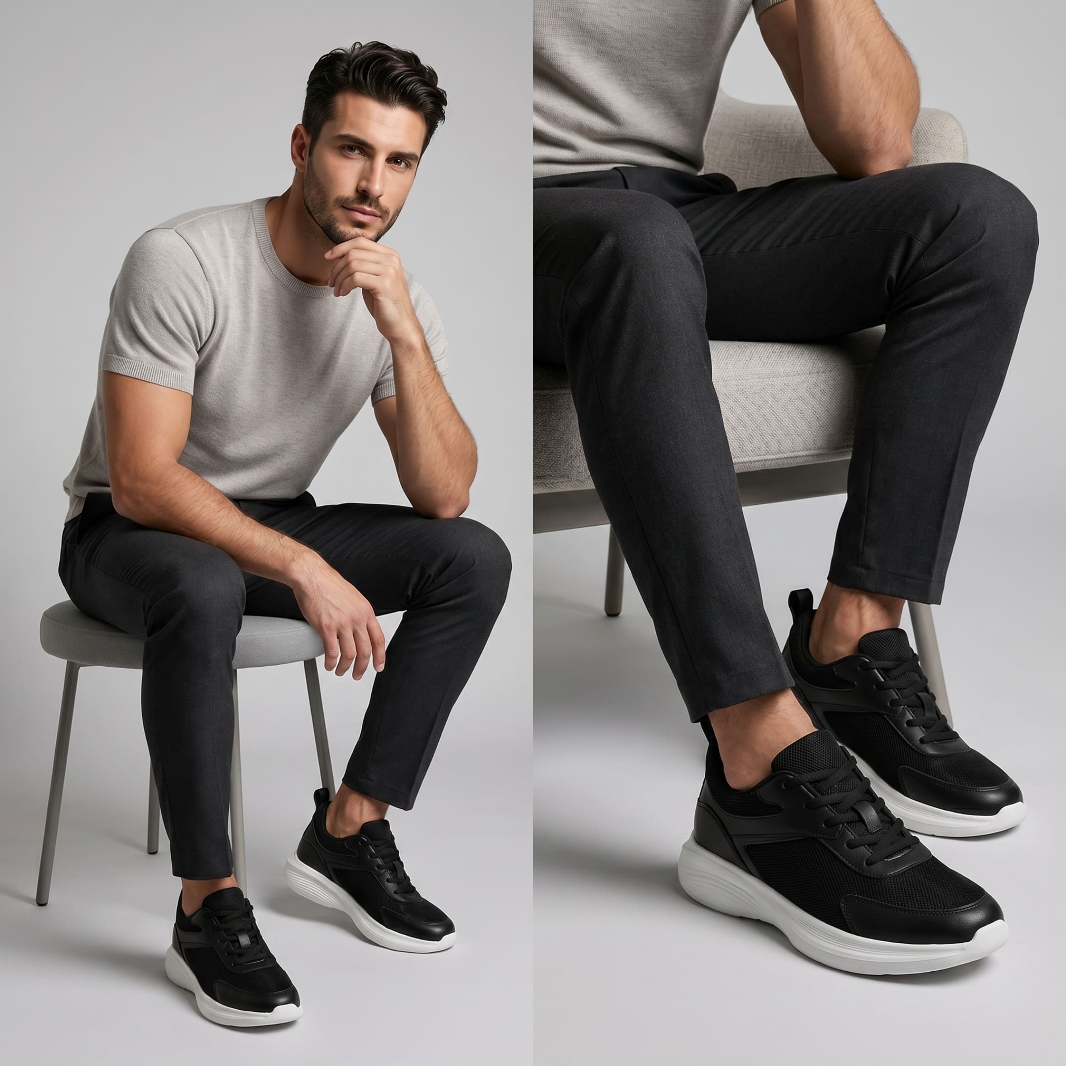 FORCIANO ASTOR black height increasing sneakers with white soles worn by a seated male model in a two-panel lifestyle view.