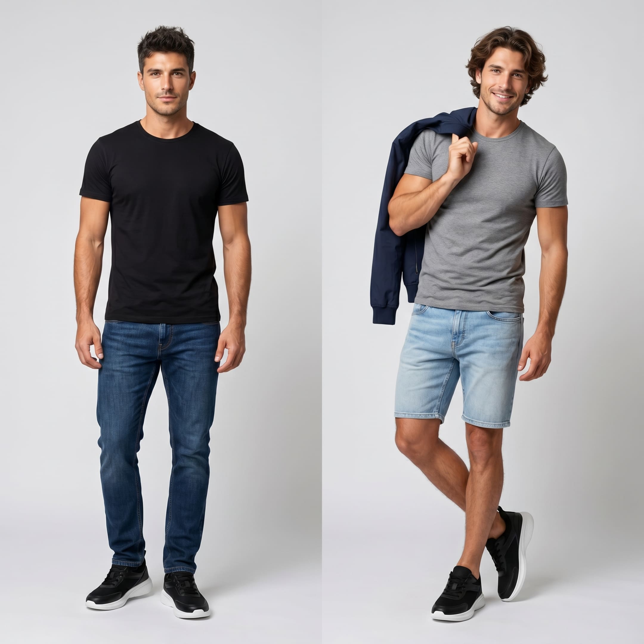 FORCIANO ASTOR black Flyknit mesh sneakers with white soles worn by male models in two casual full-body lifestyle views.
