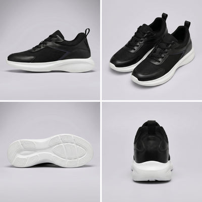 FORCIANO ASTOR black Flyknit mesh sneakers in a multi-view collage showing side profile, paired front angle, white outsole and rear view.