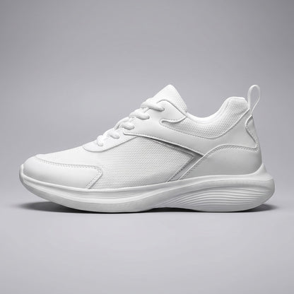 FORCIANO ASTOR white height increasing sneaker with Flyknit mesh upper and sculpted white sole shown from the side profile.