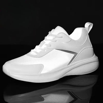 FORCIANO ASTOR white Flyknit mesh sneaker shown from a front three-quarter angle on a black reflective display surface.