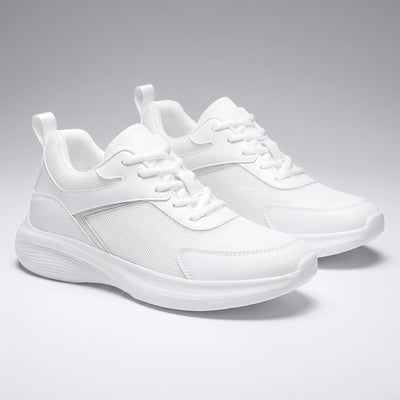 FORCIANO ASTOR white height increasing sneakers with Flyknit mesh uppers, displayed as a pair from a front three-quarter angle.