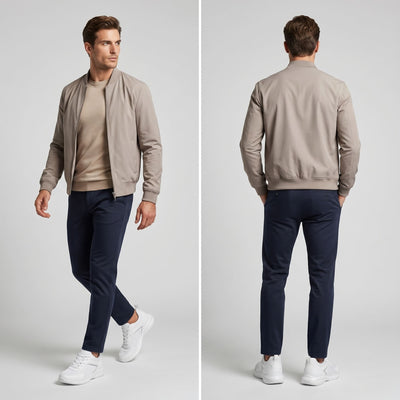 FORCIANO ASTOR white height increasing sneakers worn by a male model in front and rear full-body lifestyle views.