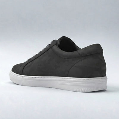 FORCIANO ATHENA black women's elevator sneaker in a rear three-quarter view with premium leather upper, tonal heel detailing and contrasting white sole.