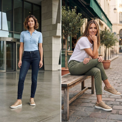 FORCIANO ATHENA beige women's elevator sneakers worn by women in casual lifestyle scenes, showing premium leather lace-up uppers with contrasting white soles.