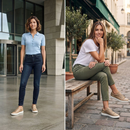 FORCIANO ATHENA beige women's elevator sneakers worn by women in casual lifestyle scenes, showing premium leather lace-up uppers with contrasting white soles.