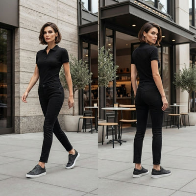 FORCIANO ATHENA black women's elevator sneakers worn by a woman in an urban lifestyle scene, featuring premium leather uppers and contrasting white soles.