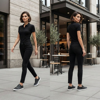 FORCIANO ATHENA black women's elevator sneakers worn by a woman in an urban lifestyle scene, featuring premium leather uppers and contrasting white soles.
