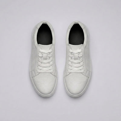 FORCIANO ATHENA white women's elevator sneakers shown as a pair from the top, featuring premium leather uppers, white laces and dark interior footbeds.