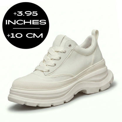 FORCIANO ATLAS Beige White elevator sneaker displayed from a front three-quarter angle with a 3.95 inches / 10 cm height increase graphic.