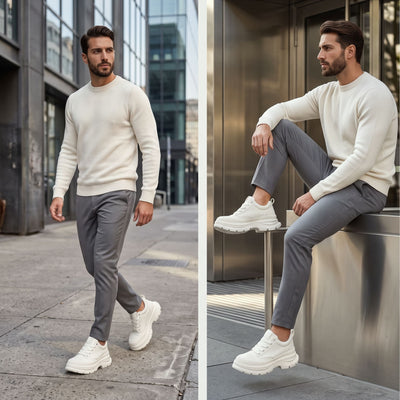 FORCIANO ATLAS Beige White elevator sneakers worn by a male model walking and seated in a modern urban lifestyle setting.