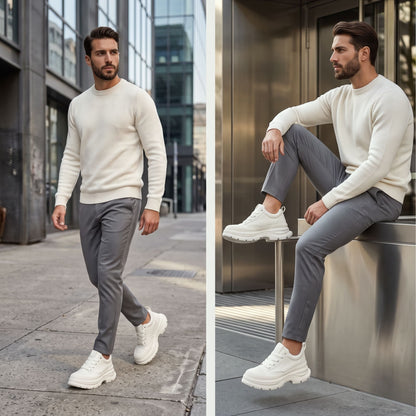 FORCIANO ATLAS Beige White elevator sneakers worn by a male model walking and seated in a modern urban lifestyle setting.
