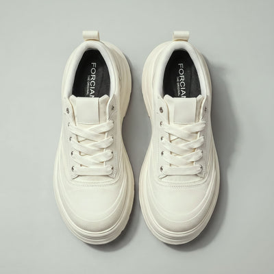 Top view of FORCIANO ATLAS Beige White elevator sneakers showing the lace-up canvas and leather uppers and contrasting Black insoles.