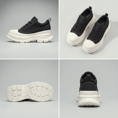 FORCIANO ATLAS Black elevator sneakers in a four-panel multi-view showing side profile, pair, outsole and rear views.