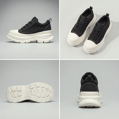 FORCIANO ATLAS Black elevator sneakers in a four-panel multi-view showing side profile, pair, outsole and rear views.