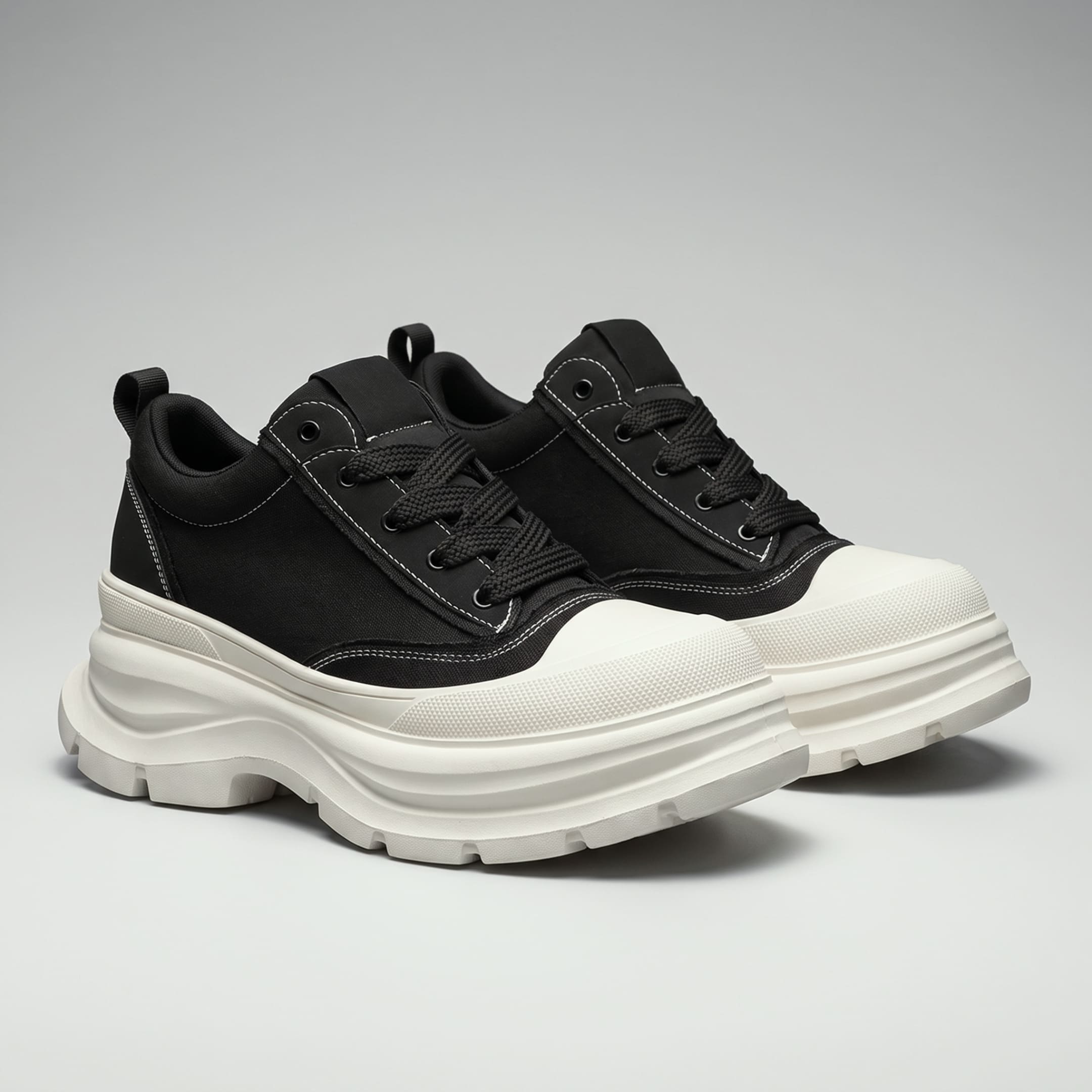 Pair of FORCIANO ATLAS Black elevator sneakers with White toe caps and sculpted soles, shown from a front three-quarter studio angle.