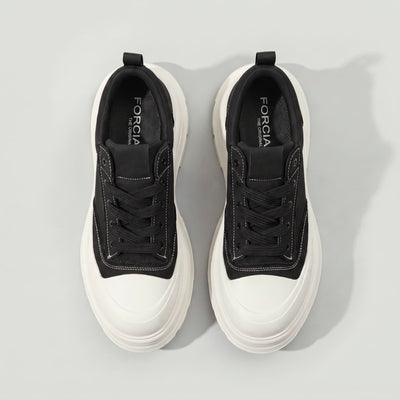 Top view of FORCIANO ATLAS Black elevator sneakers showing Black laces, contrast stitching, White toe caps and chunky White soles.