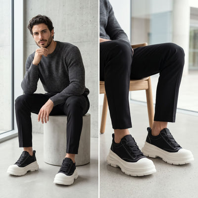 FORCIANO ATLAS Black height increasing footwear worn by a male model in a split indoor lifestyle scene with the White elevated soles clearly visible.