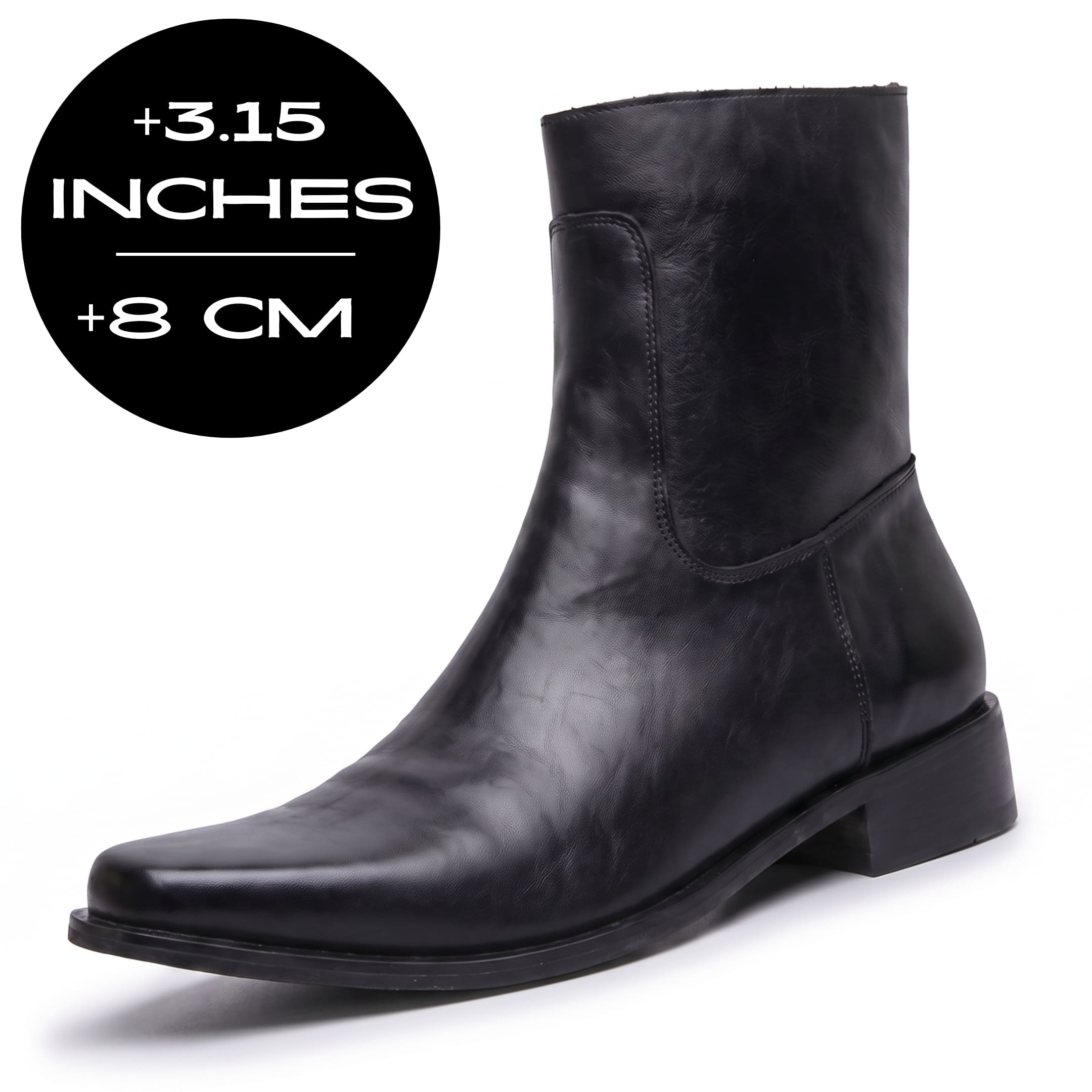 FORCIANO AURESTO black height increasing boots with smooth microfiber upper, shown from a front-side angle with 8 cm / 3.15" height graphic.