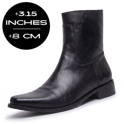 FORCIANO AURESTO black height increasing boots with smooth microfiber upper, shown from a front-side angle with 8 cm / 3.15" height graphic.