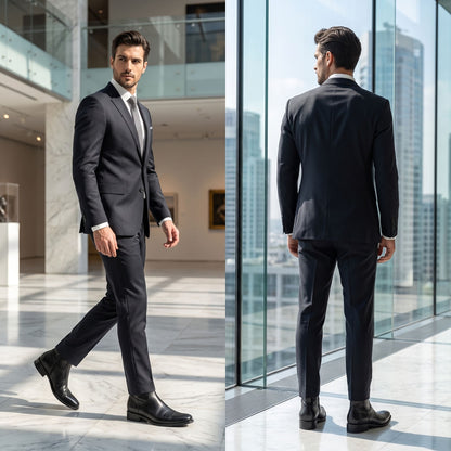 FORCIANO AURESTO black height increasing boots with smooth microfiber upper shown worn with a dark suit in two formal business lifestyle views.