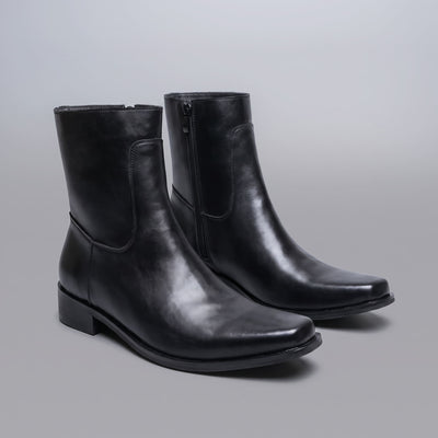 FORCIANO AURESTO black height increasing boots with smooth microfiber upper displayed as a pair from a front three-quarter view.