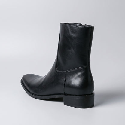 FORCIANO AURESTO black height increasing boot with smooth microfiber upper shown from the rear-side angle with heel construction visible.