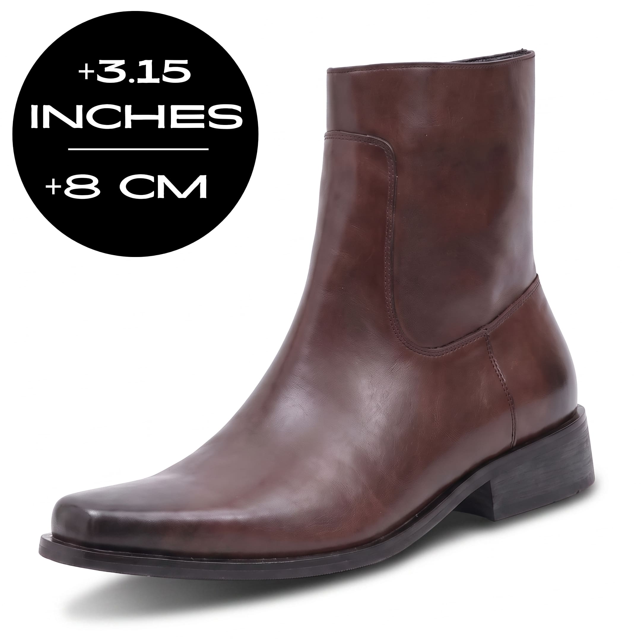 FORCIANO AURESTO brown height increasing boots with smooth microfiber upper, shown from a front-side angle with 8 cm / 3.15" height graphic.