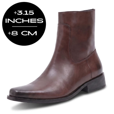 FORCIANO AURESTO brown height increasing boots with smooth microfiber upper, shown from a front-side angle with 8 cm / 3.15" height graphic.