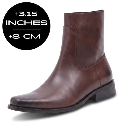 FORCIANO AURESTO brown height increasing boots with smooth microfiber upper, shown from a front-side angle with 8 cm / 3.15" height graphic.
