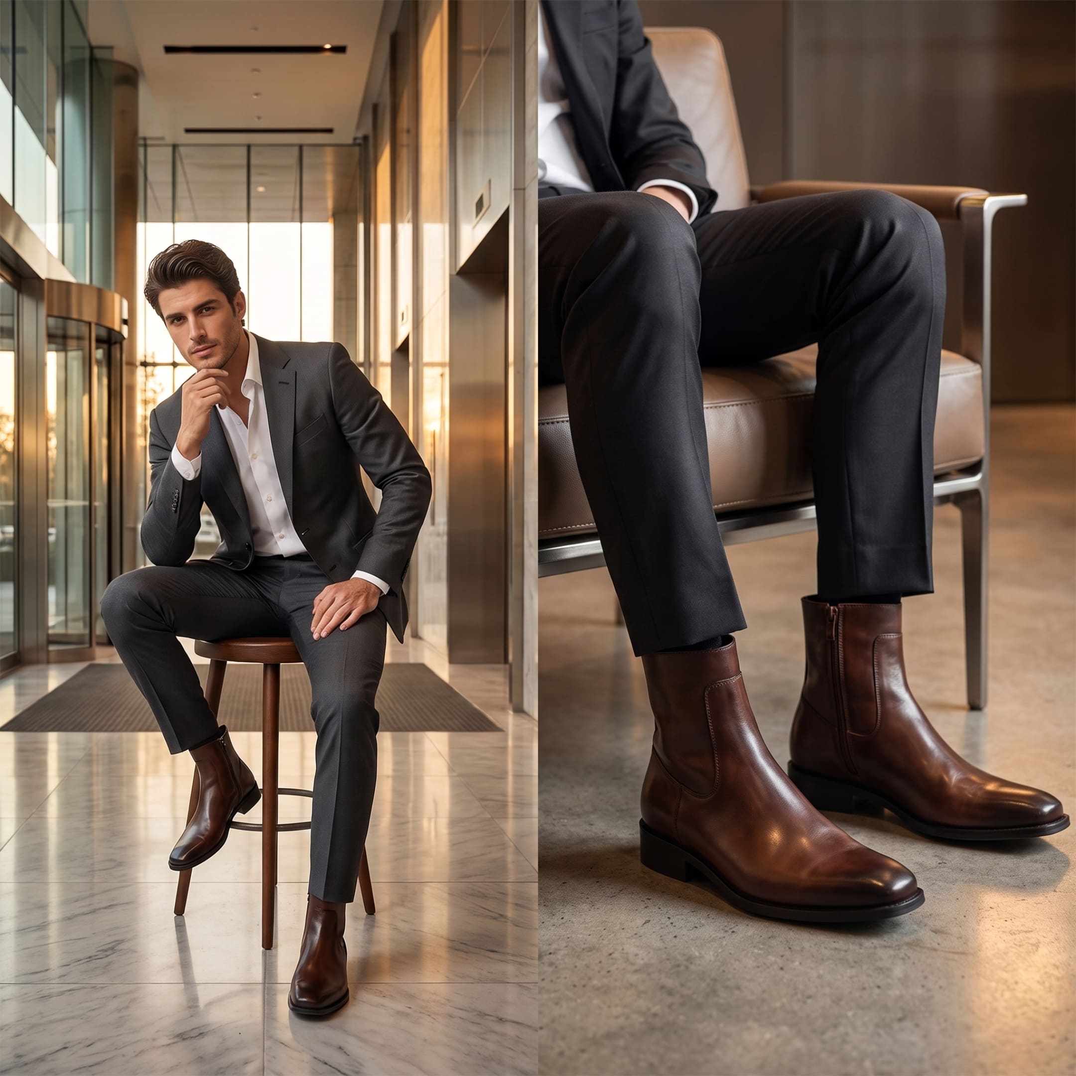 FORCIANO AURESTO brown height increasing boots with smooth microfiber upper worn by a male model in a formal suit lifestyle setting.