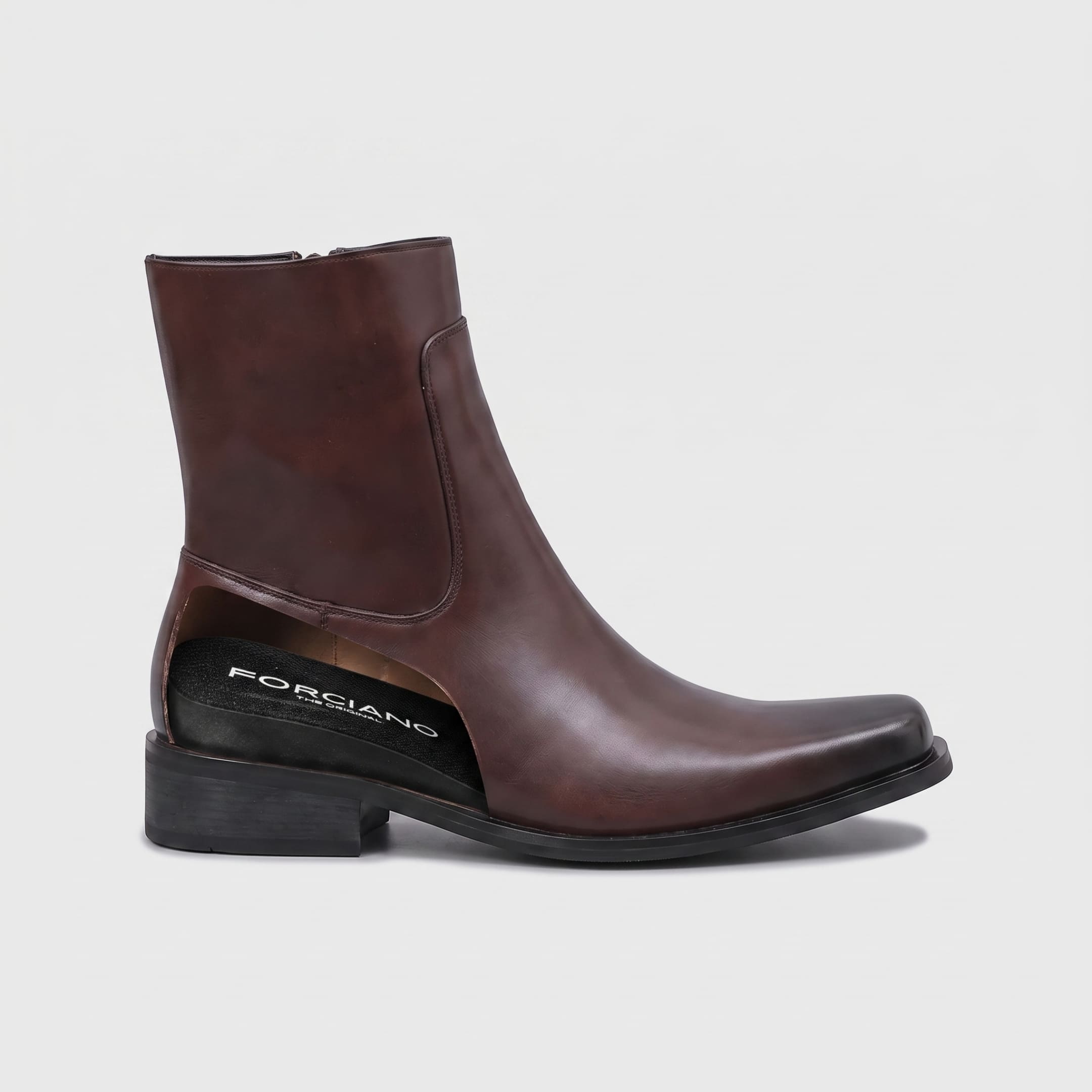 FORCIANO AURESTO brown height increasing boot shown in side cutaway view, revealing the hidden height increase beneath the smooth microfiber upper.