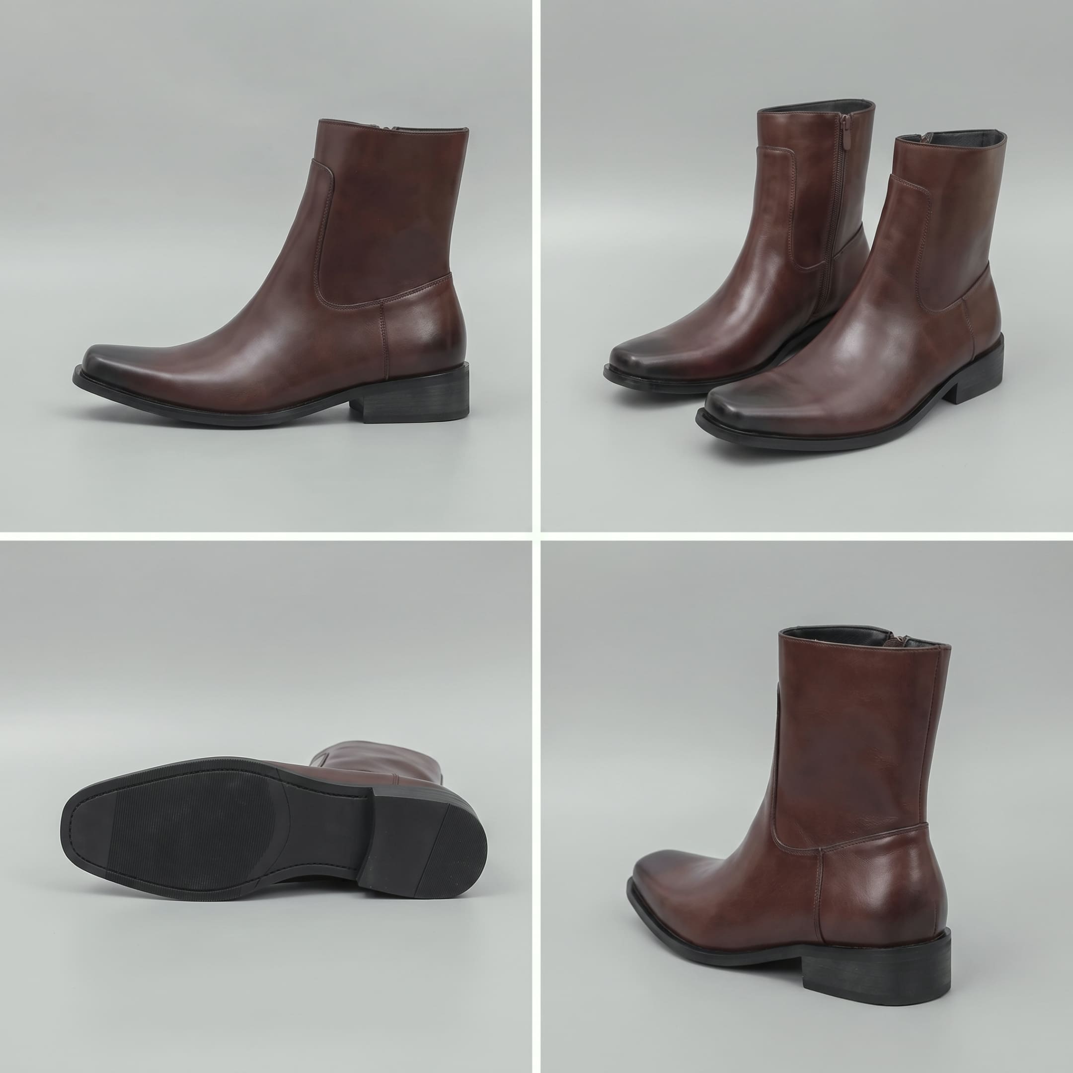 FORCIANO AURESTO brown height increasing boots with smooth microfiber upper shown in a four-view collage with side, pair, outsole and rear angles.