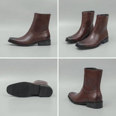 FORCIANO AURESTO brown height increasing boots with smooth microfiber upper shown in a four-view collage with side, pair, outsole and rear angles.